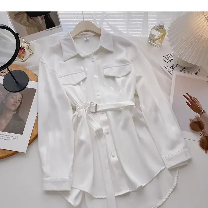 Рубашки женские нежные весенние элегантные однотонные мягкие с поясом