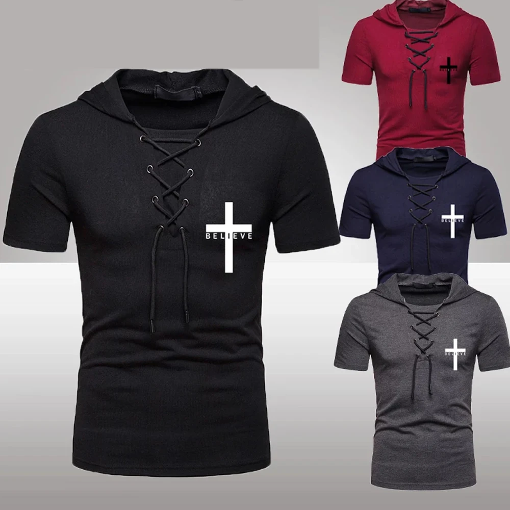 

2022 Men's Summer Drawstring Shirts Short Sleeve Man Fitness Muscle Bodybuilding Hooded Tops Male Breathable Clothing (6colors)