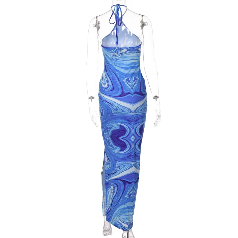 Платье женское длинное Облегающее с лямкой на шее открытой спиной и принтом -