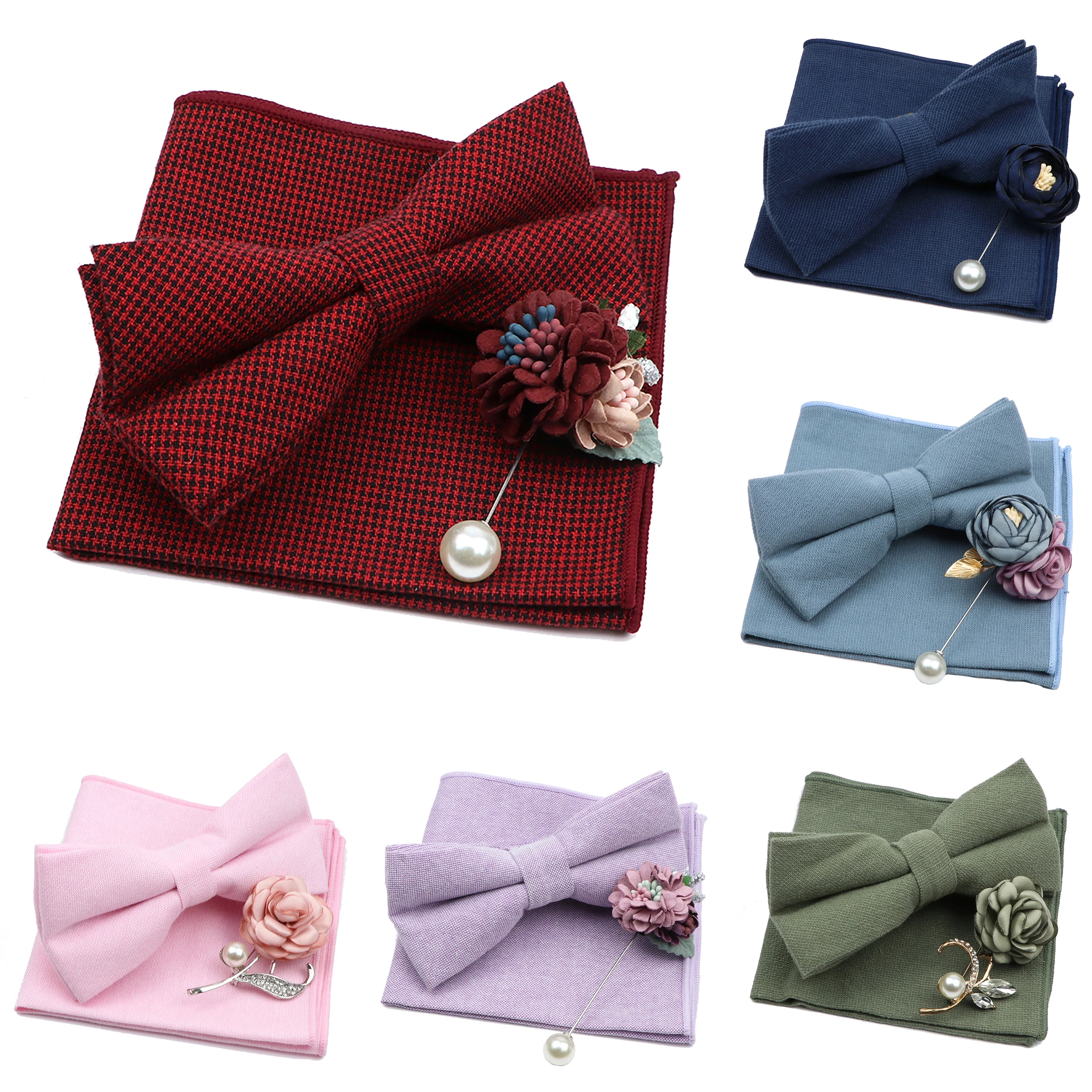 Solid Color Mens Bowtie Brooch Set 100% Cotton Pink Blue Bow Tie Flower Lapel Pin Romantic Wedding Party Suit Shirt Accessories