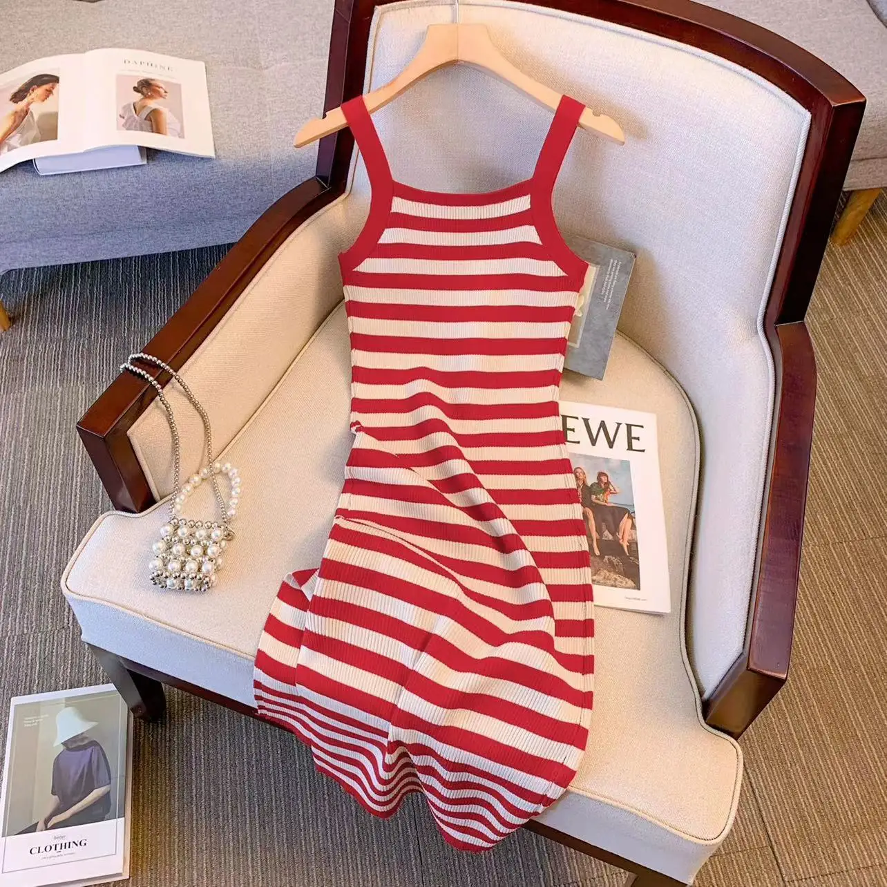 

Striped Sleeveless Knit Maix Dress Women Spring Summer A-line Strapless Dresses Female Casual Basic Camis Tank Vestidos Clothing