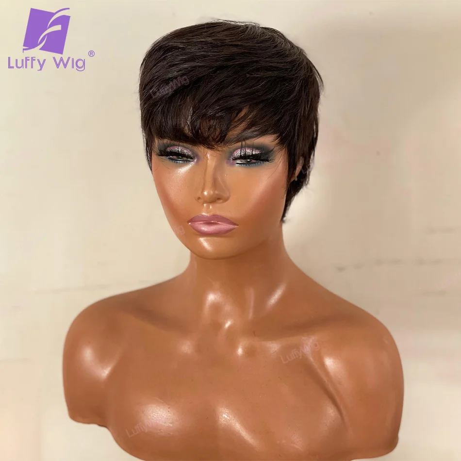 Short Pixie Bob Cut Wig With Bangs Remy Brazilian Full Machine Made O Fake Scalp Top Human Hair Wigs For Woman Straight Bob 150%