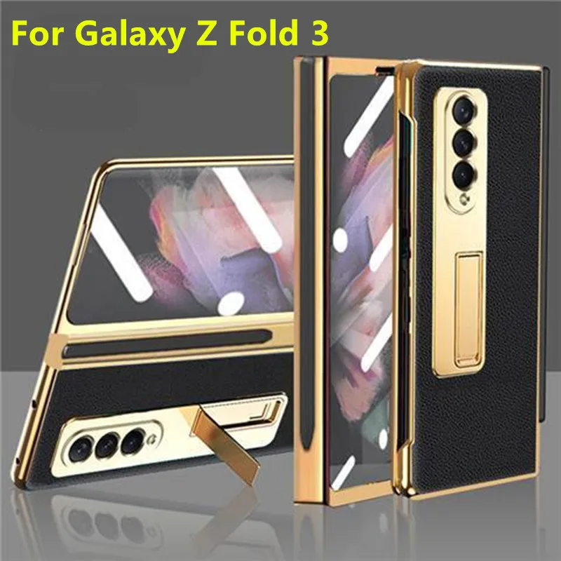 

Eletroplated Hinged Litchi Leather Case for Samsung Galaxy Z Fold 3 S-Pen Slot Stand Holder Full Armor Hard Tempered Glass Cover