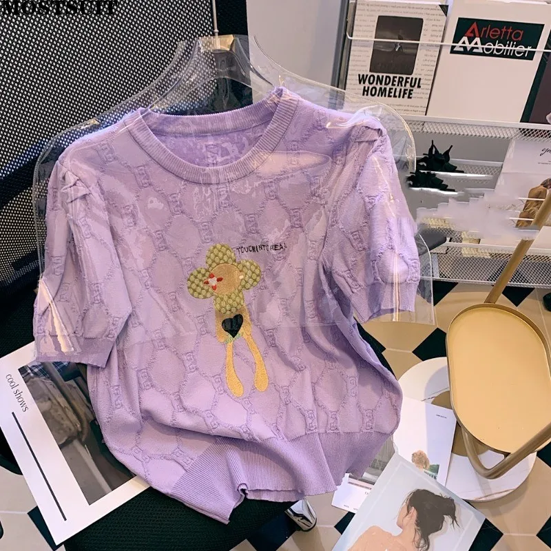 

2022 Summer Cartoon Embroidered Knit T-shirt Pullover Women Puff Sleeve O-neck Loose Fashion Ice Silk Jumpers Knitwear