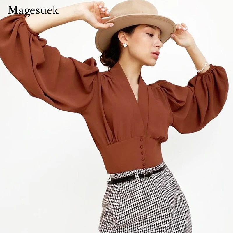 

2022 Spring V-neck Women's Shirt Casual Fashion Shirt Lantern Sleeve Slim Long-sleeve Blouse Tops Women Clothes Femme 20983
