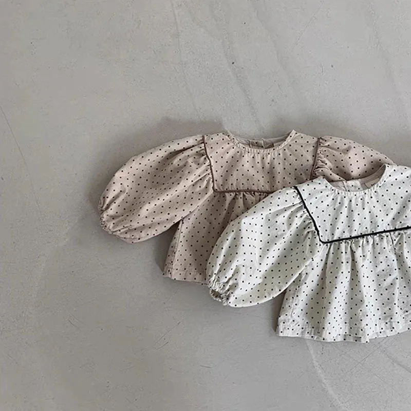 

5047B Korean Baby Shirt 2023 Spring and Autumn New Square Collar Baby Girl's Shirt Wave Point Cotton Cute Doll Shirt Tops