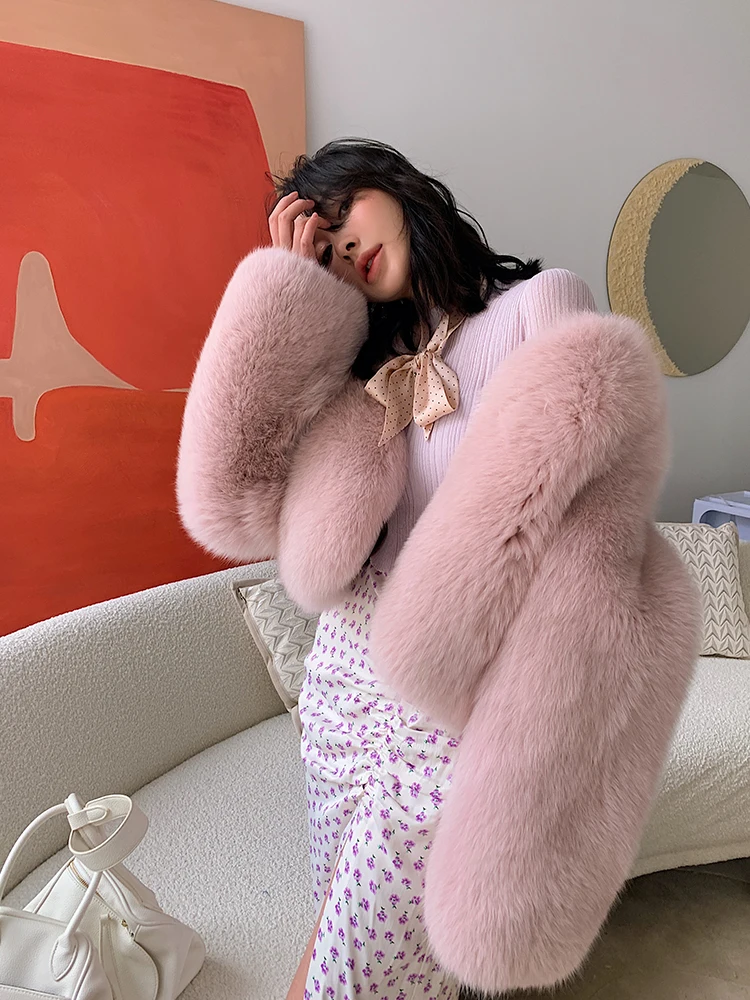 Imported Fox Fur Coat Winter Jacket Elegant Sweet Pink Women's Real Fur Coat Women High Waist Luxury Clothes Streetwear Women enlarge