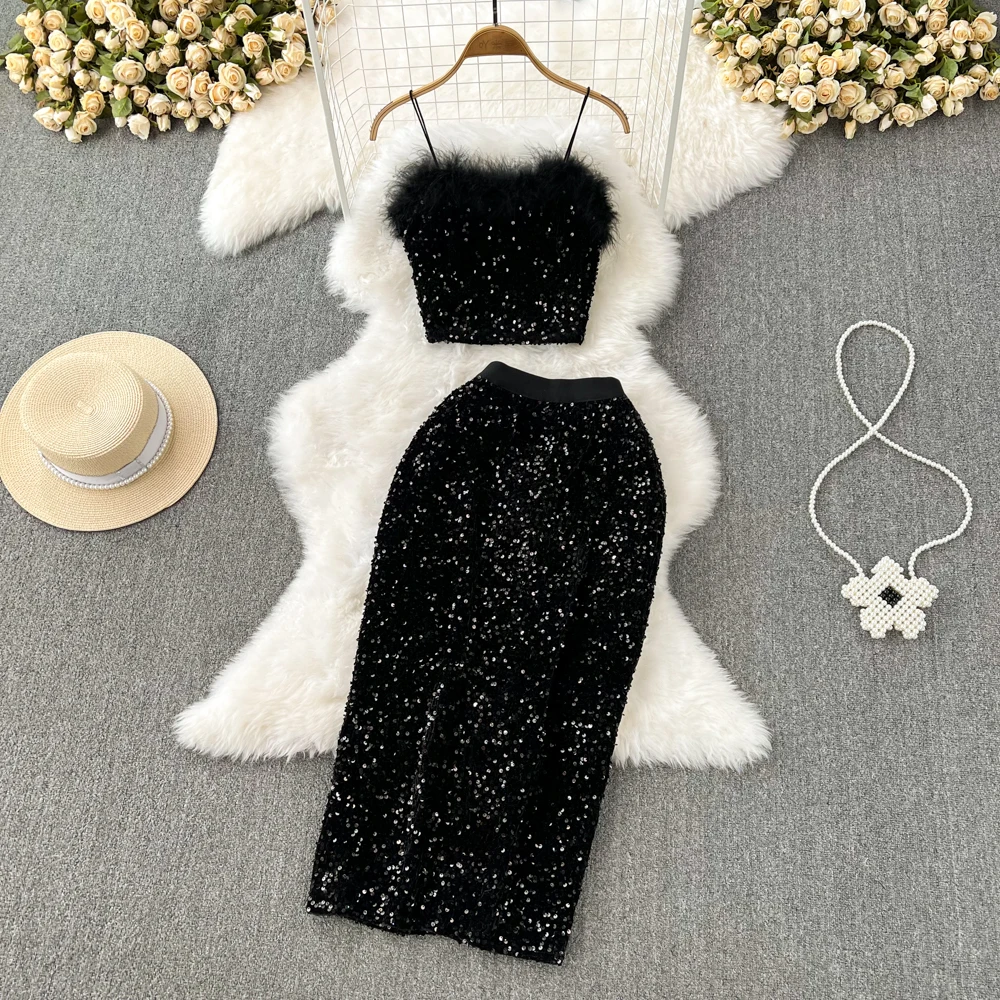 

Spice Girl Furry Patchwork Chest Top Halter + Elastic Waist Sequin Skirt Two-piece Suit