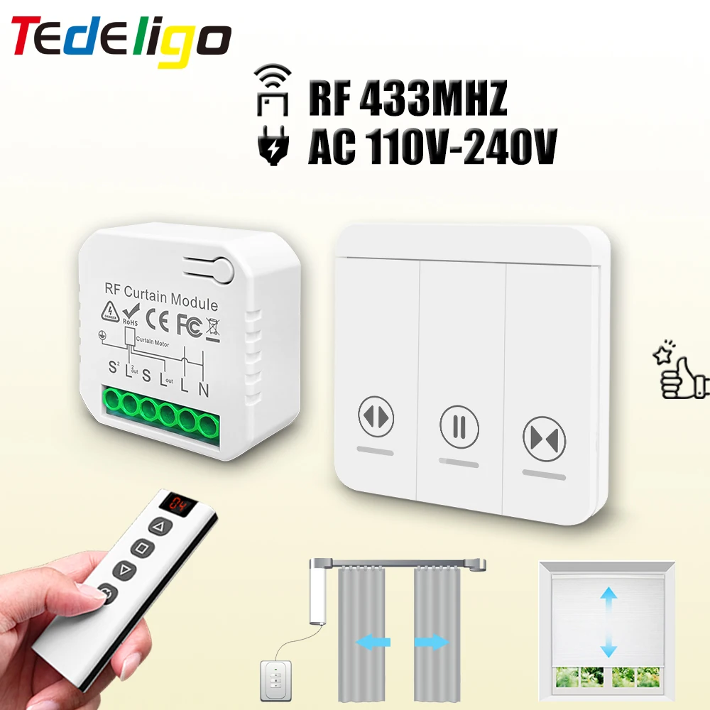 Радиочастотный модуль переключения штор, 433 МГц, 220 В переменного тока, 10 А, контроллеры затвора с беспроводным пультом дистанционного управления для моторизованных роликовых жалюзи, двигатель