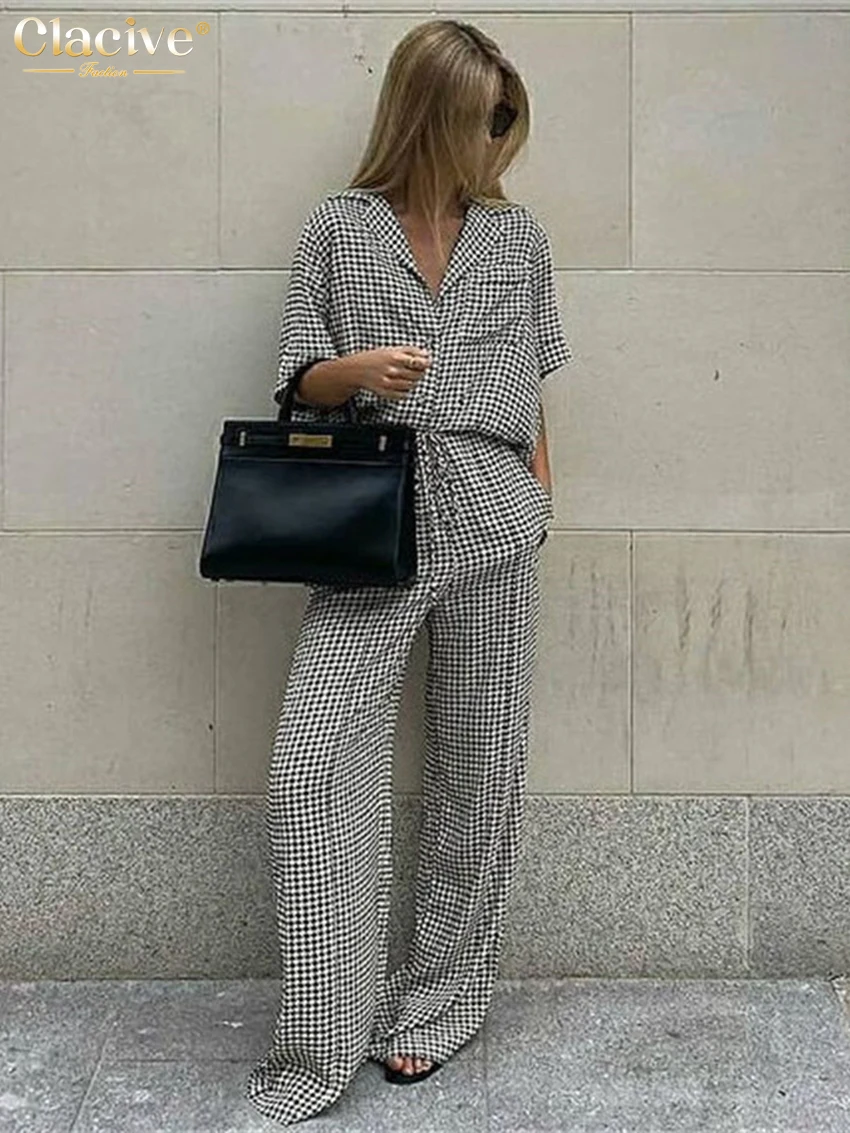 

Clacive Fashion Lattice Women Summer Suit Elegant Loose High Waist Trouser Suits Casual Short Sleeve Shirts Female Two Piece Set