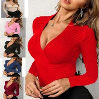 2022 autumn and winter womens sexy slim solid color v neck knitted shirt long sleeved t shirt top
