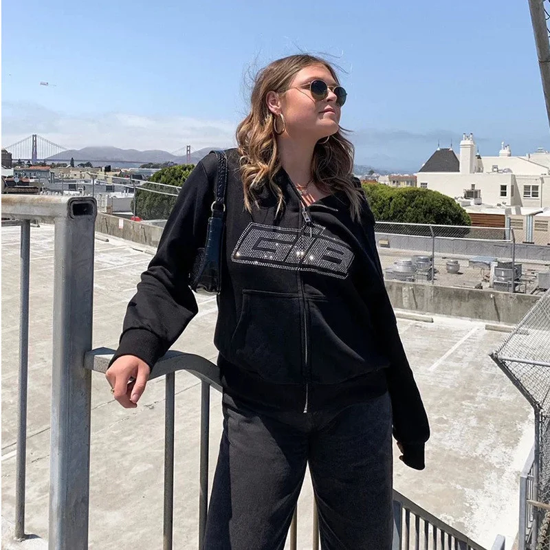 Black Hoodies Y2K Rhinestone Skeleton 