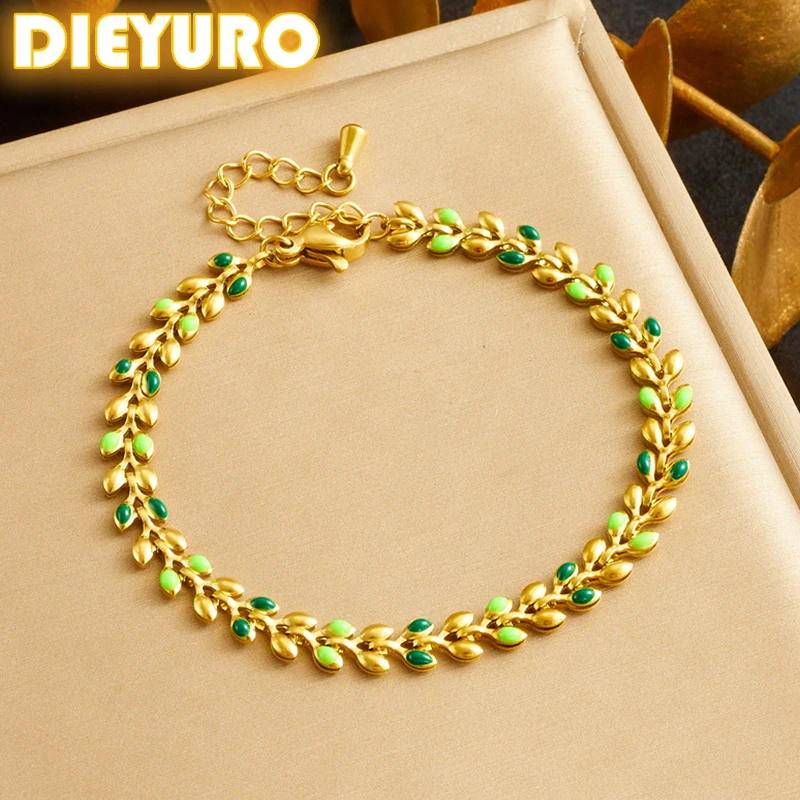 Браслет DIEYURO из нержавеющей стали 316L с зеленой оливковой веткой для женщин 2024