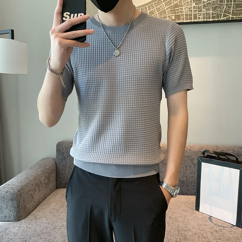 

DYB&ZACQ Checked Short Sleeve T-shirt Men's New Trend Crew-neck High-quality 2023 Summer New Business Sweater