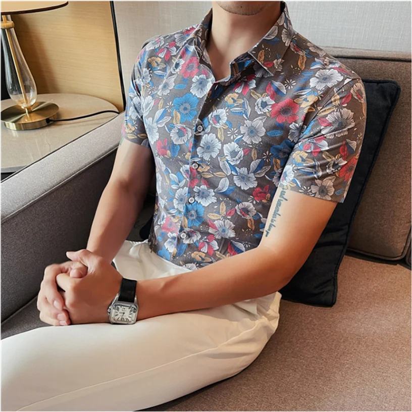

2 Colors Men Slim Flower Printed Casual Shirt Autumn Male Holiday Party Short Sleeve Dress Shirts Camisa Masculina 4XL 5XL