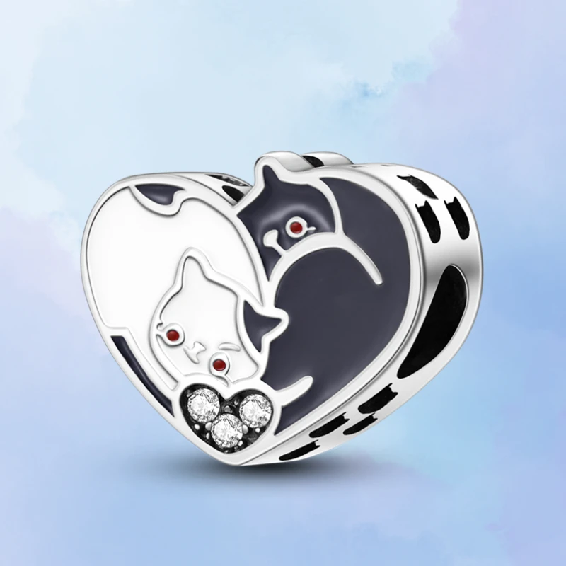 

925 оригинальные бусины-кошки Plata De Ley в форме сердца, подвеска подходит для оригинального браслета Пандора 925, Подвеска для женщин