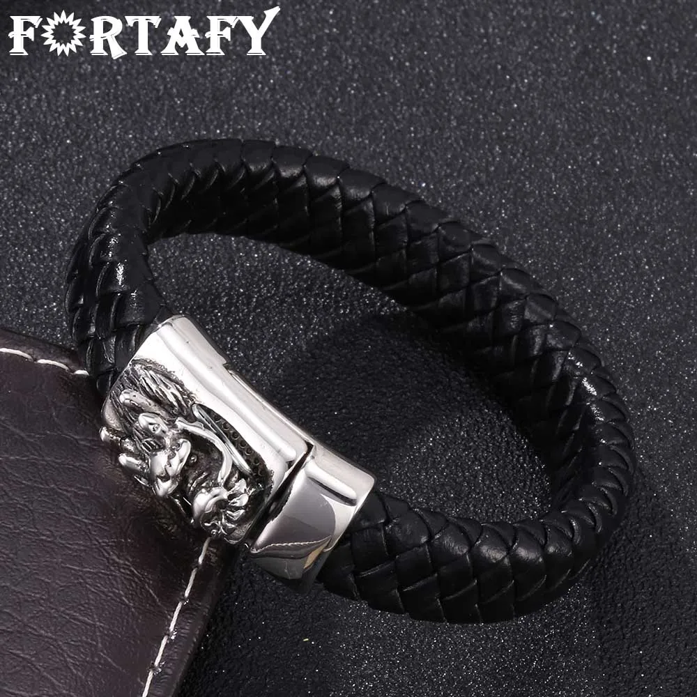 

FORTAFY Men Black Braided Leather Bracelet Domineering Dragon Pattern Stainless Steel Magnetic Clasp Male Wrist Band FR0260