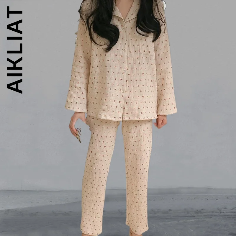 

Aikliat Summer Women Pajamas Cotton Button Shirt+Trousers Set Print Pajamas For Women Sweet Clothes Underwear Female