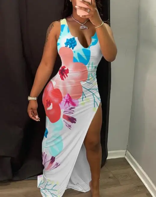 

Женское летнее платье с V-образным вырезом и цветочным принтом