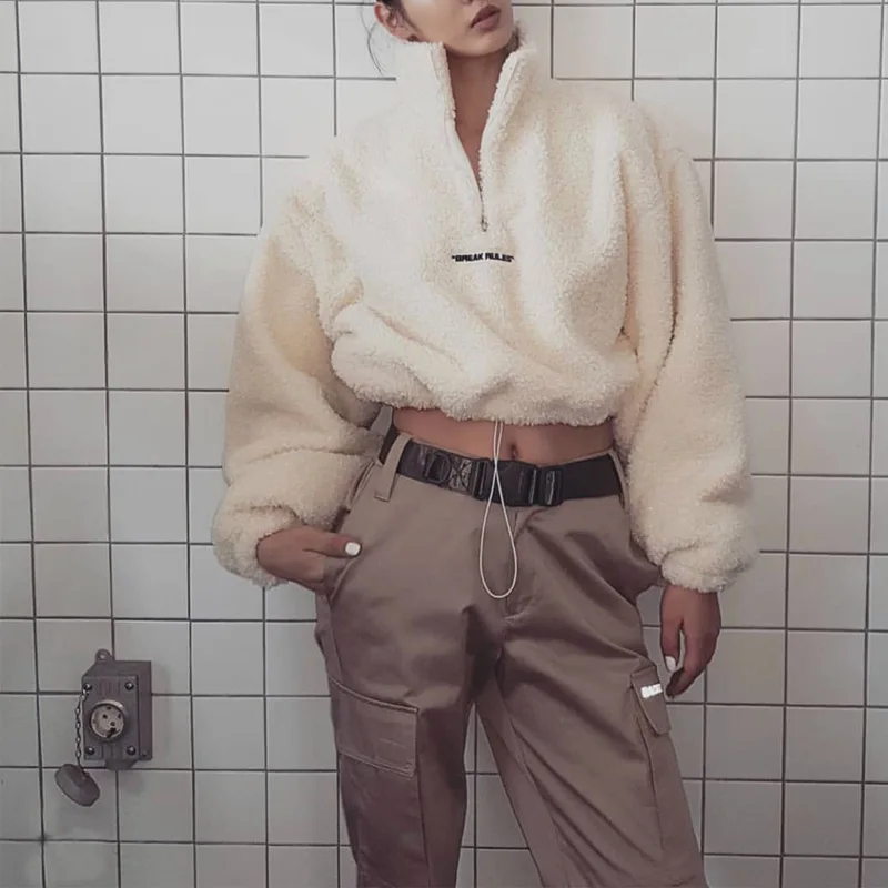 Флисовый пуловер из ягненка свитшот укороченный топ куртка на молнии новая