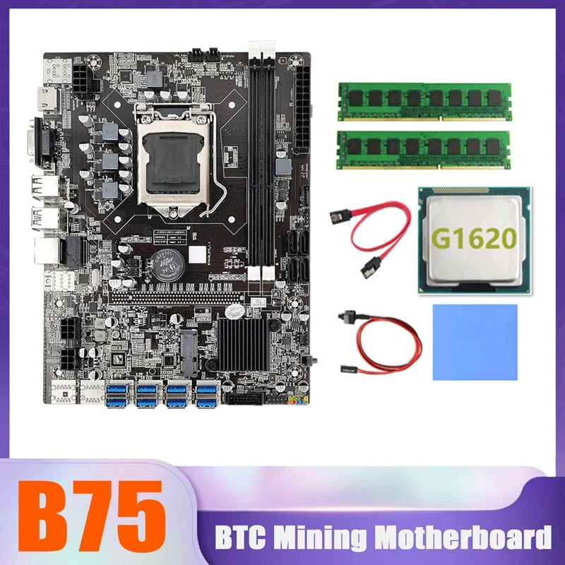 B75 BTC Miner Motherboard 8XUSB+G1620 CPU+2XDDR3 4G 1600Mhz RAM+SATA Cable+Switch Cable+Thermal Pad B75 USB Motherboard