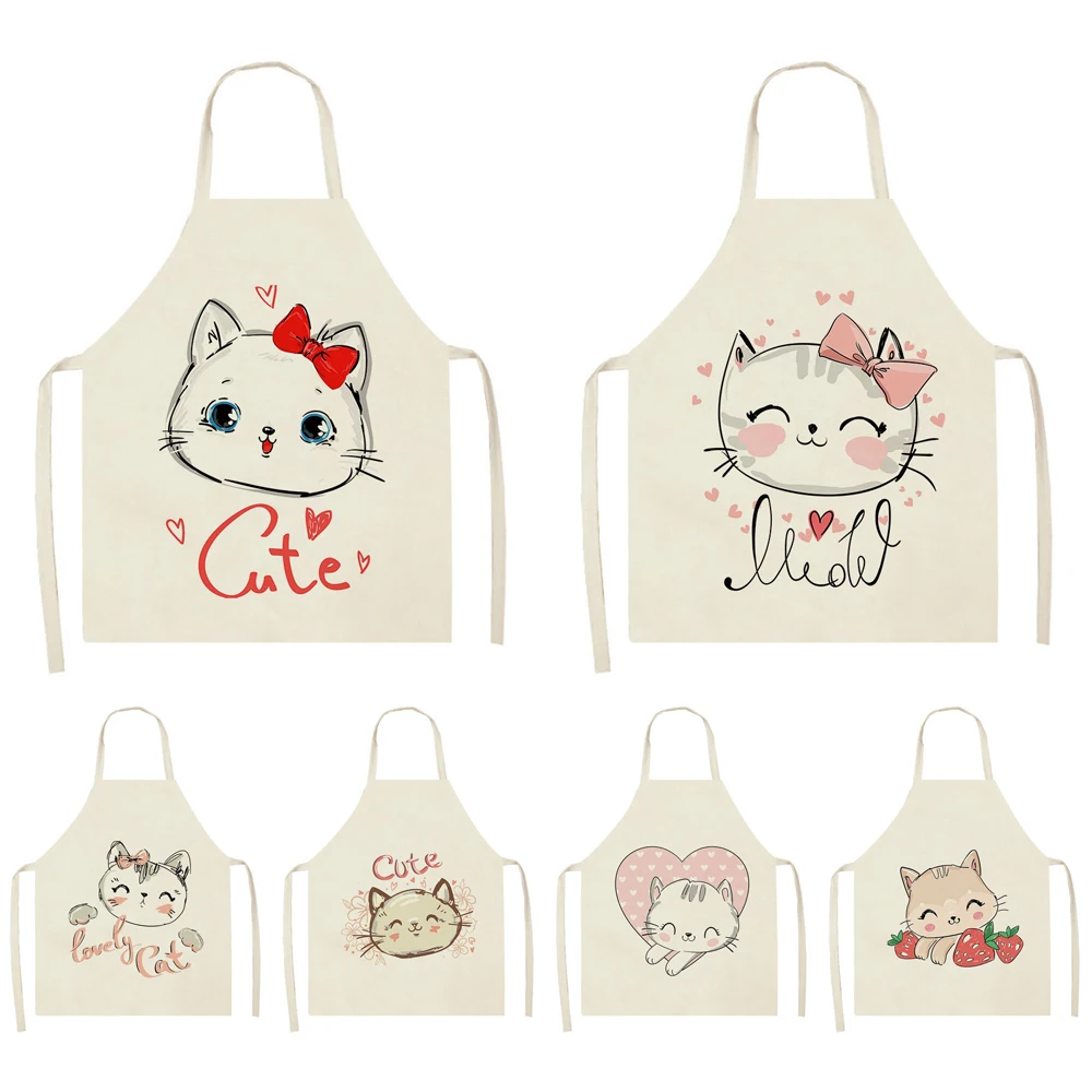 

Cartoon Cat Printed Kitchen Aprons for Women Linen Cooking Accessories Sleeveless Home Cleaning Tools BBQ Cofe Shop Waist Bib