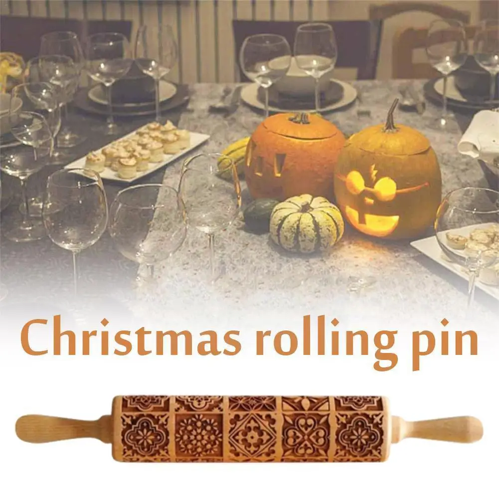 

Christmas Cookie Rolling Stick Embossing Rolling Pin Rolling Cake Cookies Biscuit Patterned Fondant Snowflake Elk Wooden X8F7