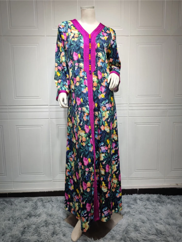 

Eid Ramadan Muslim Abaya Women Dress Floral Print Dubai Islam Turkey Long Dress Kaftans Abayas Femme Musulmane Caftan Moroccan