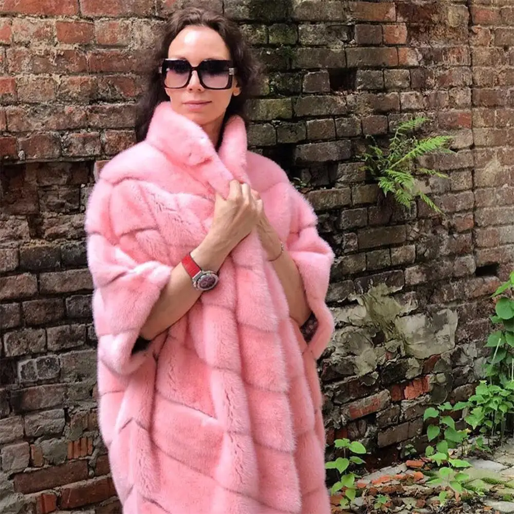 Winter Real Fur Coat Women Plus Size Pink Overcoat With Lapel Collar Genuine Leather Jacket Mink Fur Coat Lady Top-grade Outwear