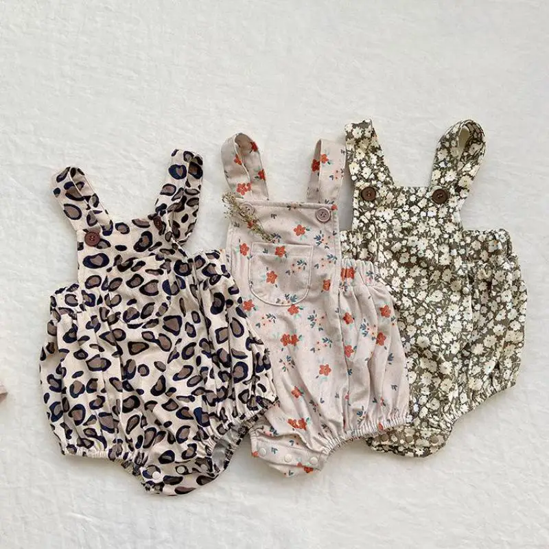 

Girl New Sexy Leopard Print Sling Bodysuit Retro Floral Pocket Cotton Jumpsuit Boy Cute Outfits New All-match Overalls