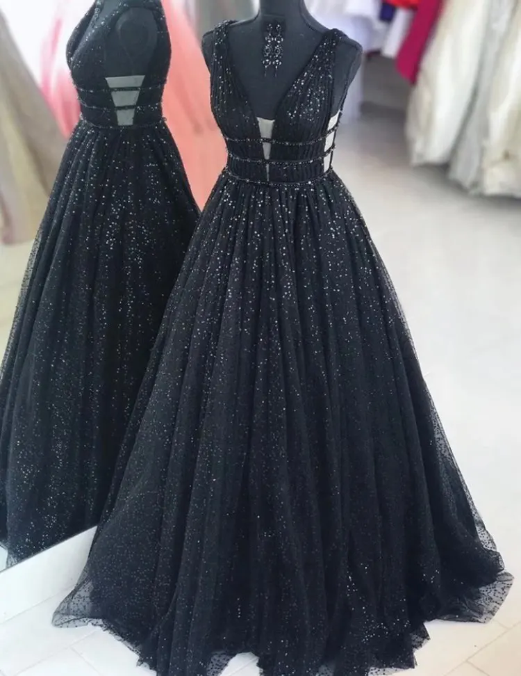 

Verngo Glitter Tulle A Line Prom Dresses V Neck Floor Length Evening Gowns Women Vintage Formal Dress Special Occasion Gowns