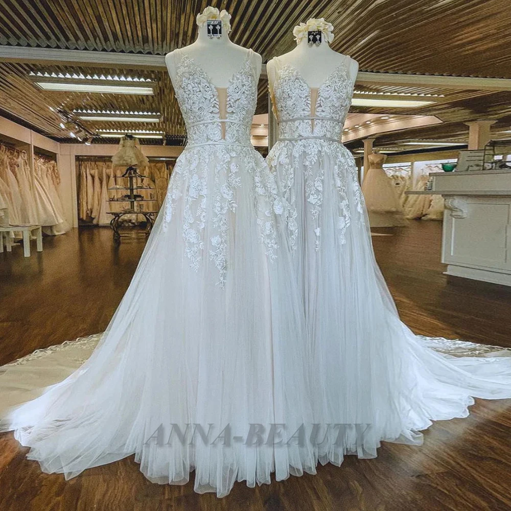 

ANNA Wedding Dresses Sleeveless A Line Tank Appliques Classic Deep V Neck Sweep Train Lacing Up Robe De Mariée Personalised