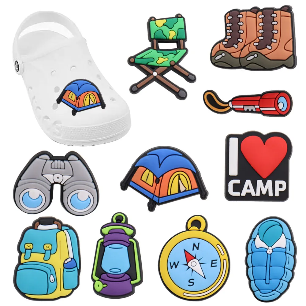 1pcs PVC Tent Camping School Bag Compass Shoes Accessories Garden Shoe Decorations Fit Kids Croc Jibz Charm Party Gift