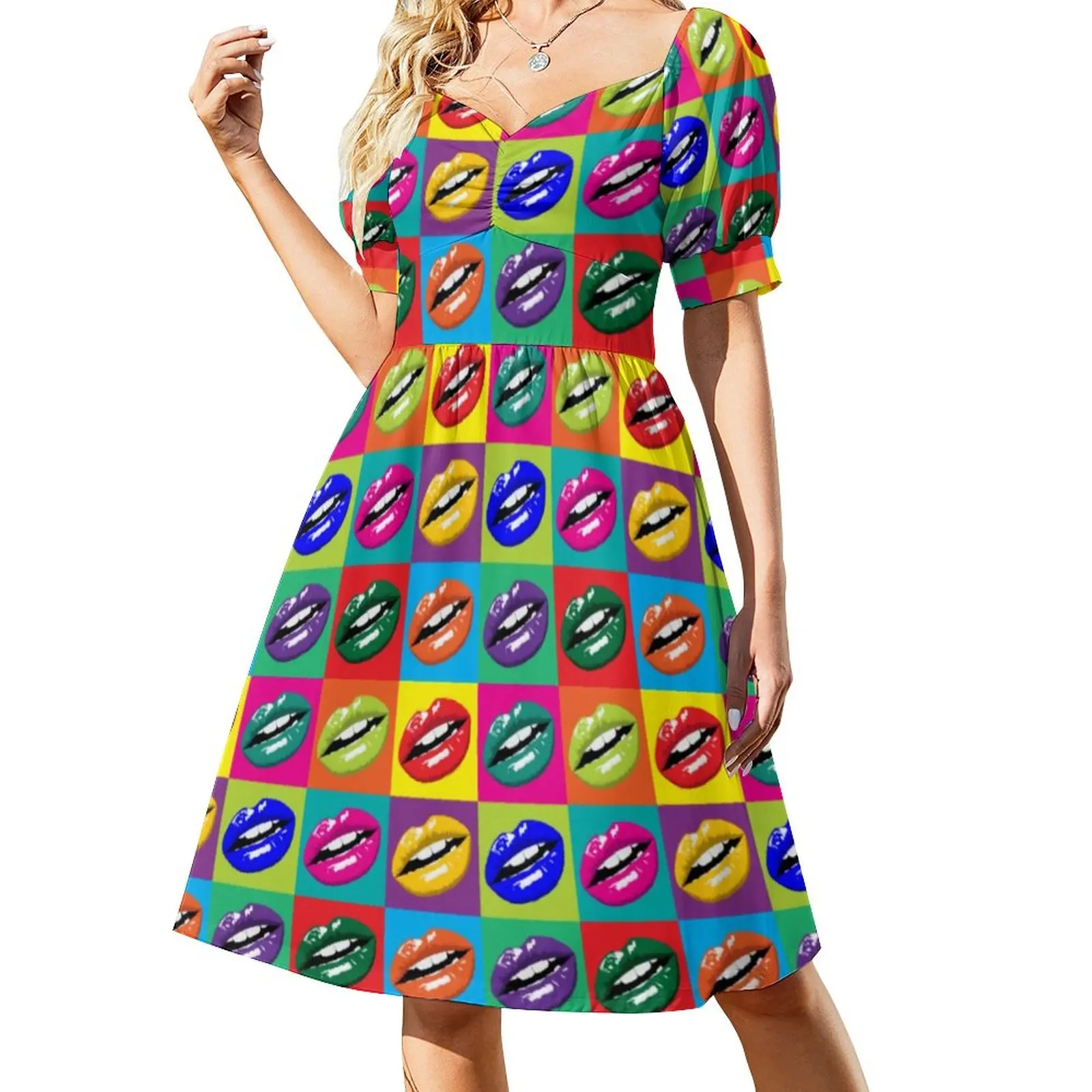 

Colorful Lips Dress Sexy V Neck Pop Art Print Elegant Dresses Female Street Style Pattern Oversize Casual Dress Birthday Present