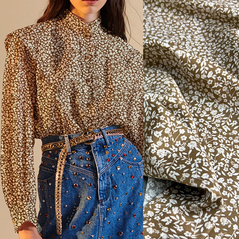 

140CM Wide 20MM Stretch Dots Print Twill Silk Fabric for Summer Spring Gray Plants Blouse Dress Cheongsam Pants 1Meter D1142