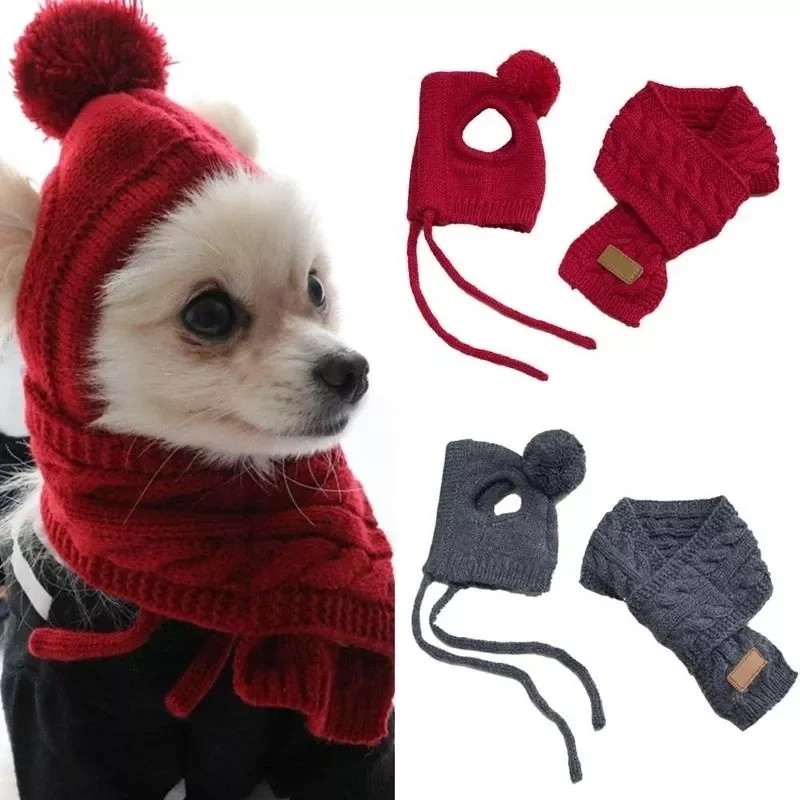 

Зимняя теплая вязаная шапка в полоску для собак 2022 года + шарф-ошейник костюм для щенка Тедди Рождественская одежда костюм для собак Санты