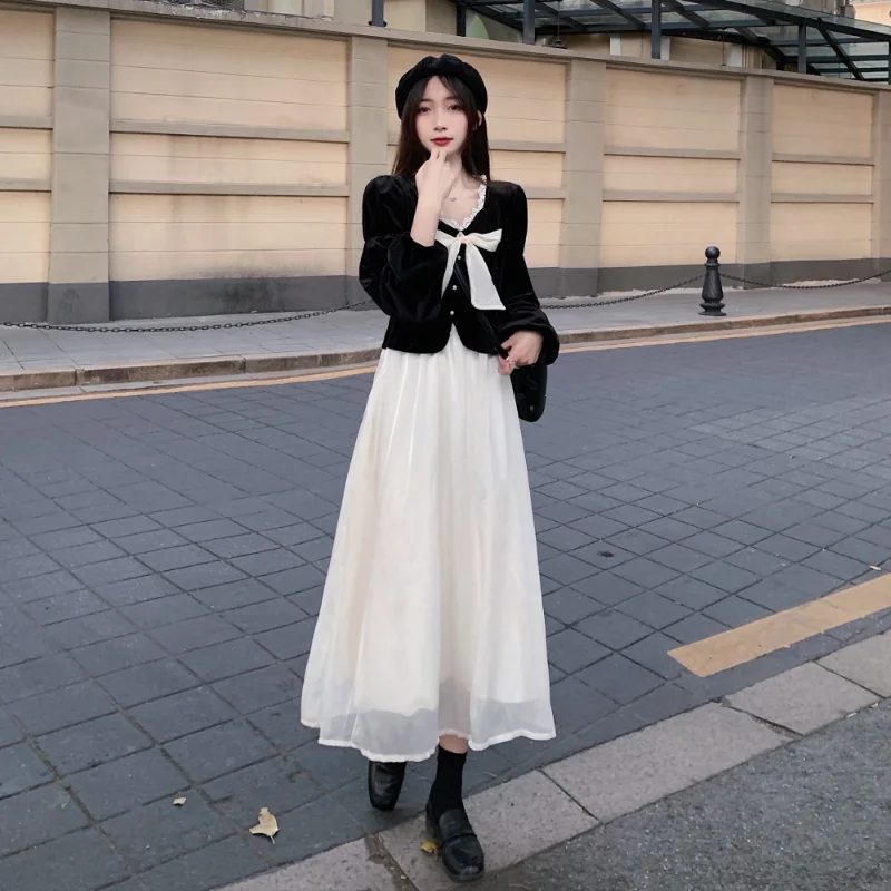 

Женские вельветовые платья в стиле High Street, новое корейское повседневное кружевное лоскутное платье с высокой талией и длинным рукавом, модн...