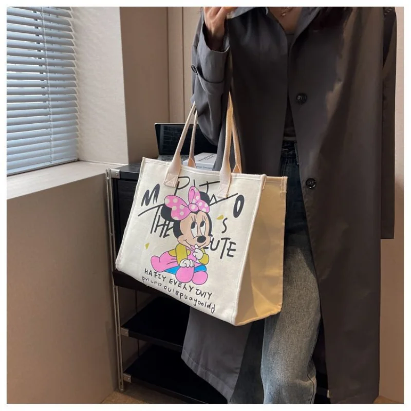 Disney Student Shoulder Bag for Girls Women Luxury Designer Mickey Minnie Handbags Large Capacity Canvas Tote Bag with Zipper