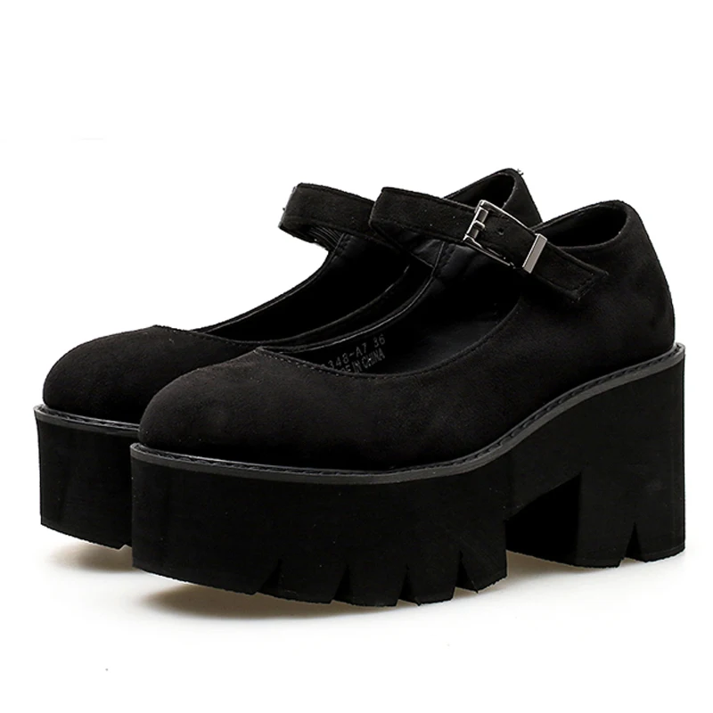 

Chunky heel platforms High Heels Buckle Casual Shoes Woman Black Round Toe Platform shoes New arrive 2022 Spring shoes