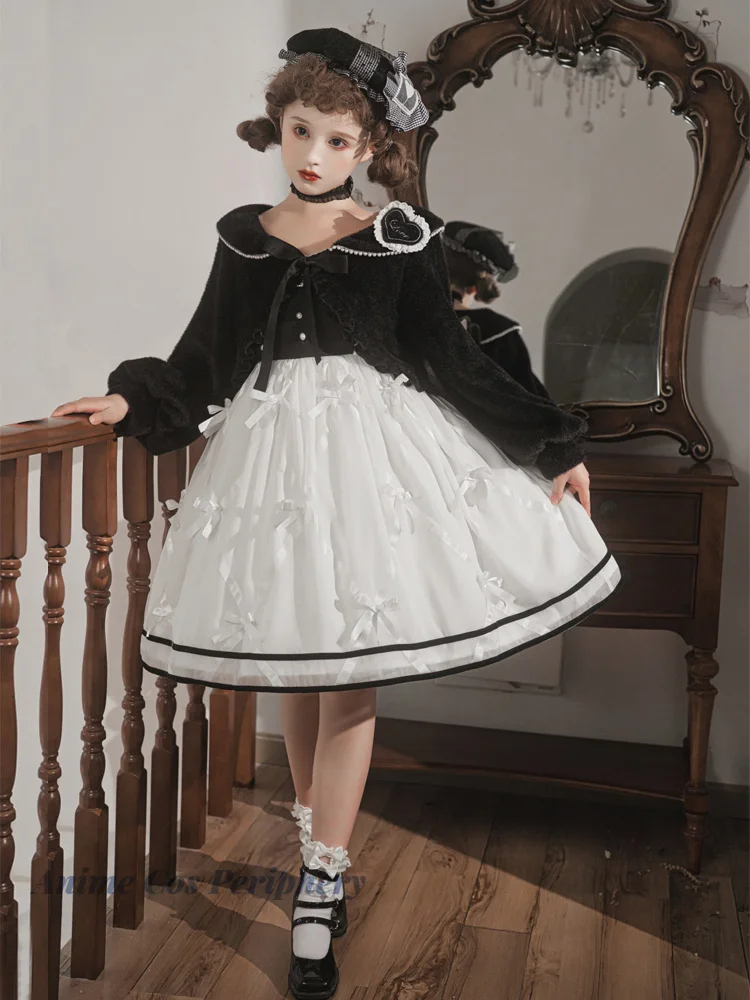 

Spring and Autumn Girl Lolita Strap Dress Women's Daily Black Long-Sleeved Doll Coat JSK Princess Party Dress Two-Piece Set