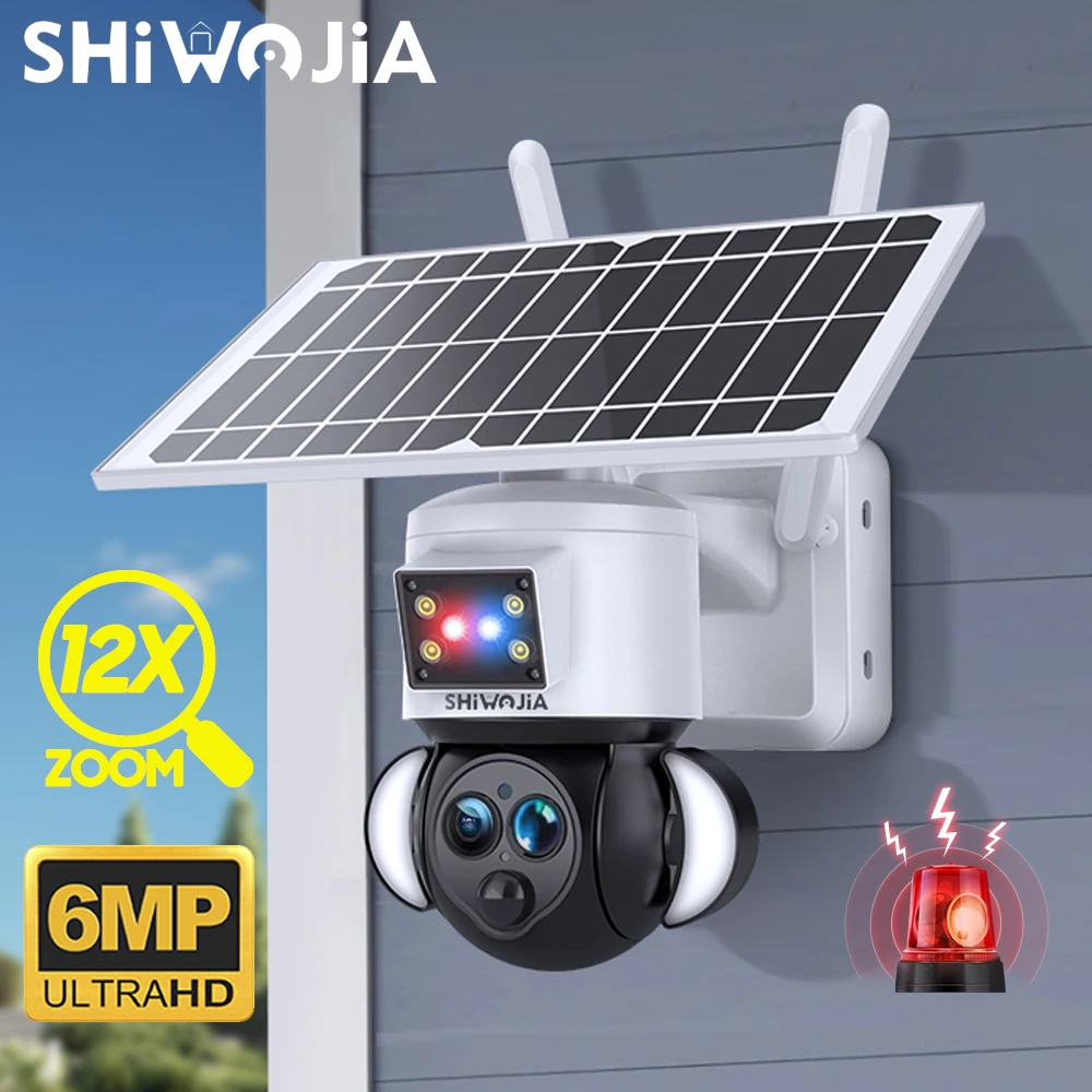 

SHIWOJIA Outdoor 4G Solar Camera 3K 6MP 12X Optical Zoom Dual Lens WiFi Security Camera AI Humanoid Tracking Waterproof CCTV