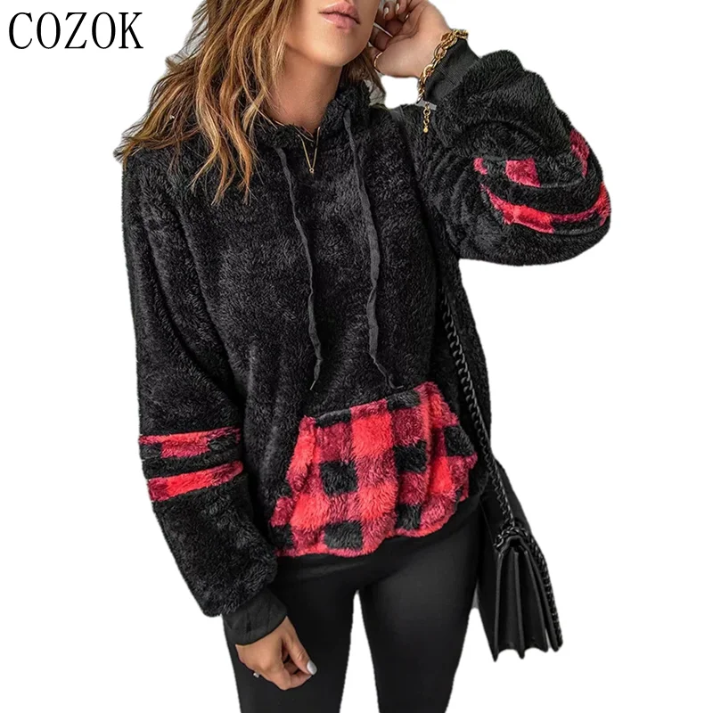 New 2022 Autumn and Winter European and American Fur Sweater Hooded Women's Plaid Sweater