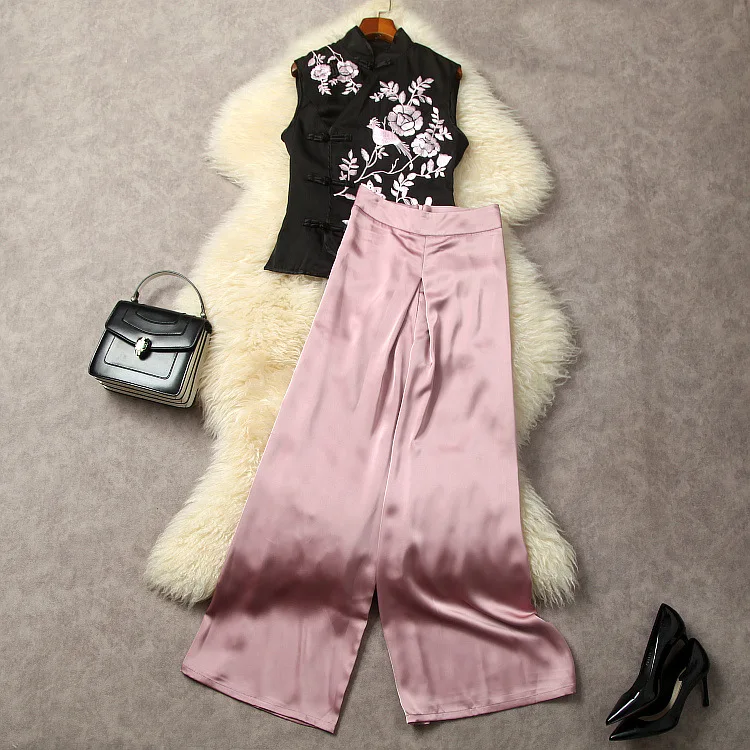 

Женская одежда в европейском и американском стиле, Новинка осени 2023, жилет с вышивкой без рукавов, розовые широкие брюки, модный костюм