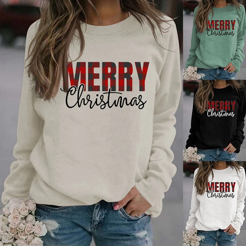 New Cotton Merry Christmas style lettering printed autumn and winter retro round-necked long-sleeved ladies hoodie