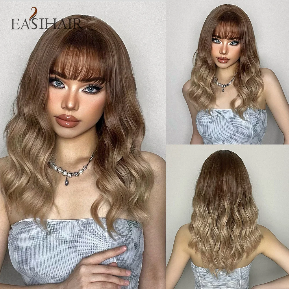 

EASIHAIR Bob Wavy Brown Blonde Ombre Synthetic Bangs Wigs Medium Length Wigs for Black Women Daily Cosplay Use Heat Resistant