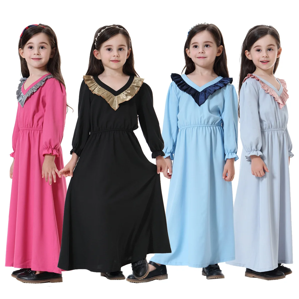 

Ramadan Kaftan Muslim Abaya Elegant Young Girls Dress Islamic Long Sleeve Abayas Girl V-Neck Dubai Turkish Modesty Robe Jilbab