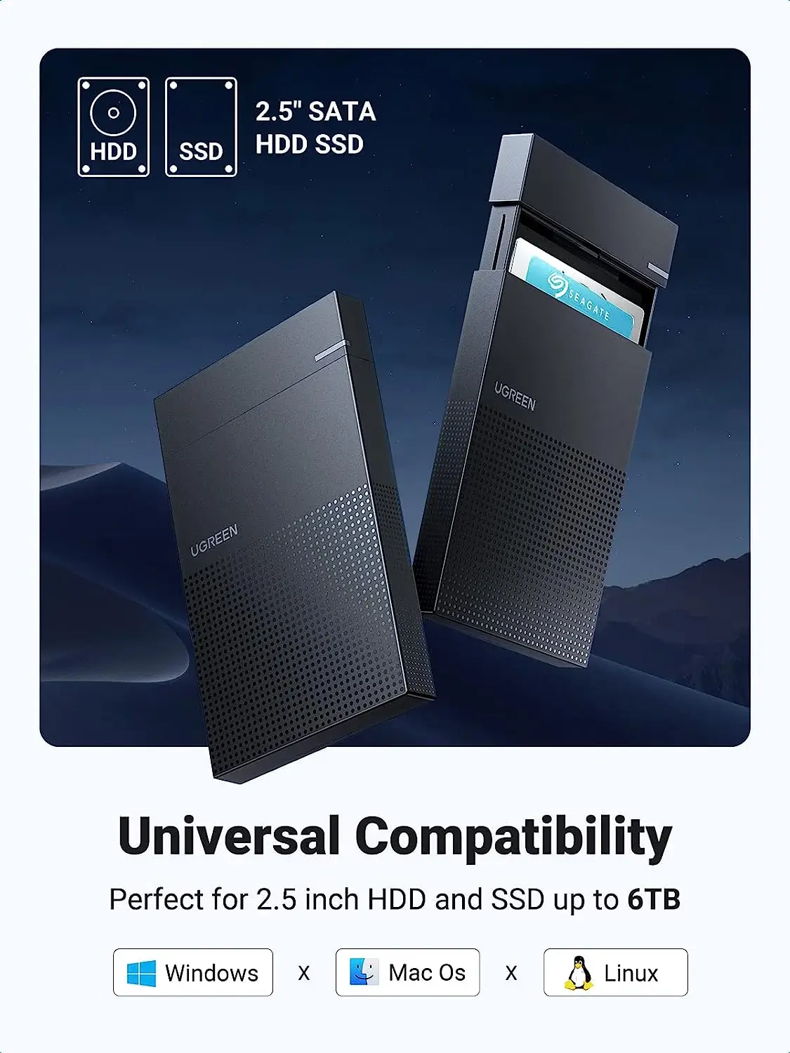 Фото Внешний корпус для жесткого диска UGREEN 2.5 дюйма SATA-USB 3.0, без инструментов, для SSD/HDD 9.5 мм, для компьютеров и ноутбуков №3