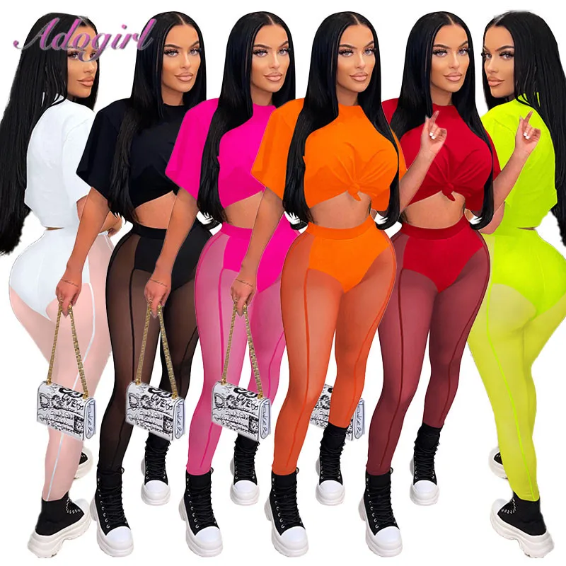 Sexy Sheer Mesh Two Piece Set Women Summer Tracksuit Solid Short Sleeve Crop Tops Leggings Pants Outfit Party Club Matching Sets