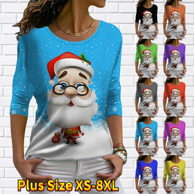 

2022 Christmas Top Round Neck T-shirt Autumn Winter Women's Everyday Street Fashion Pullover Father Christmas Print Long Sleeve