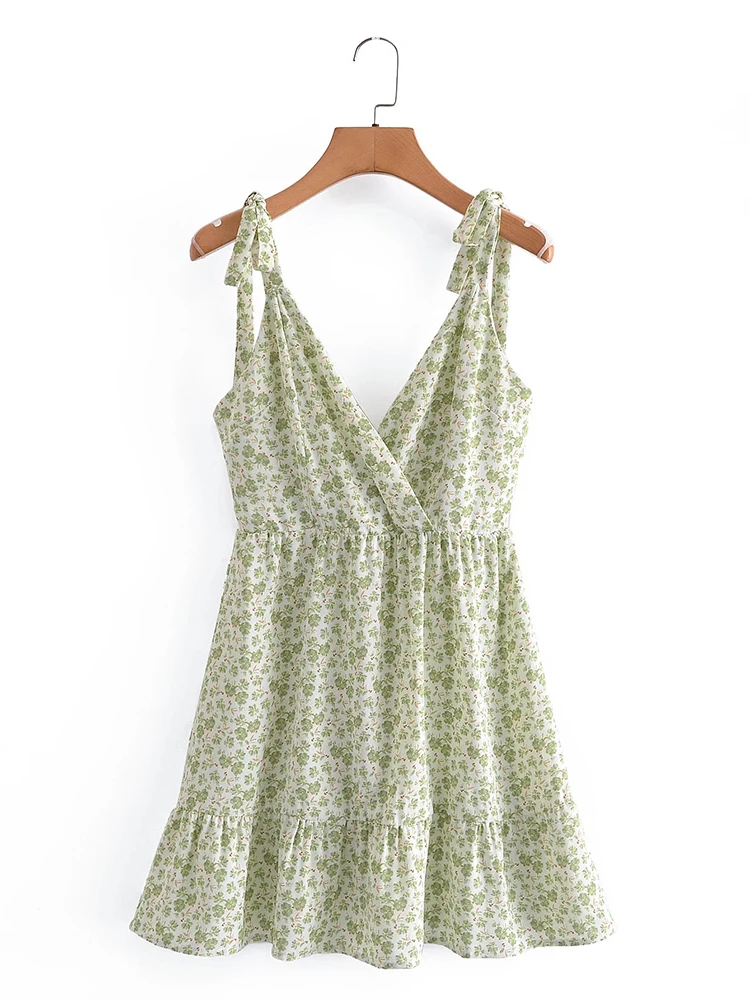 

2022 Fashion Women Sleeveless Summer Dress Vintage Floral Print Cross V Neck Female Casual Beach Dress Short Vestido